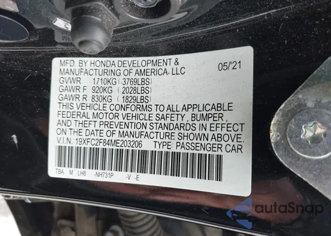 2021 Honda Civic Sport from USA, damaged, VIN 19XFC2F84ME203206